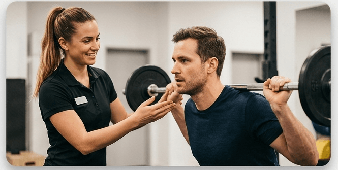 Personal Trainer begleitet Mitglied bei einem individuellen Training im Fitnessstudio