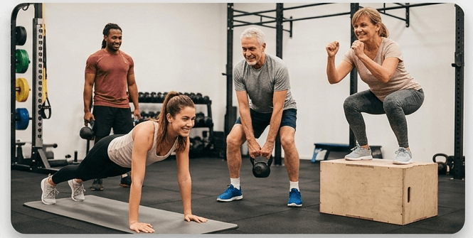 Mitglieder trainieren für mehr Beweglichkeit und Gesundheit im Fitnessstudio