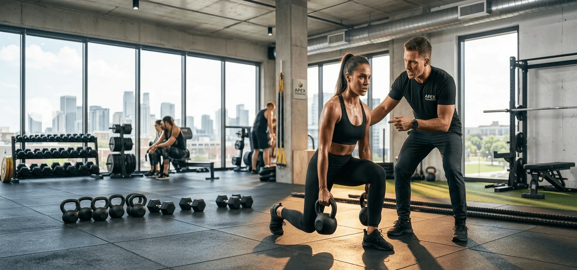 Modernes Fitnessstudio mit hochwertiger Ausstattung. Im Vordergrund trainierende Person an einer Kraftstation. 